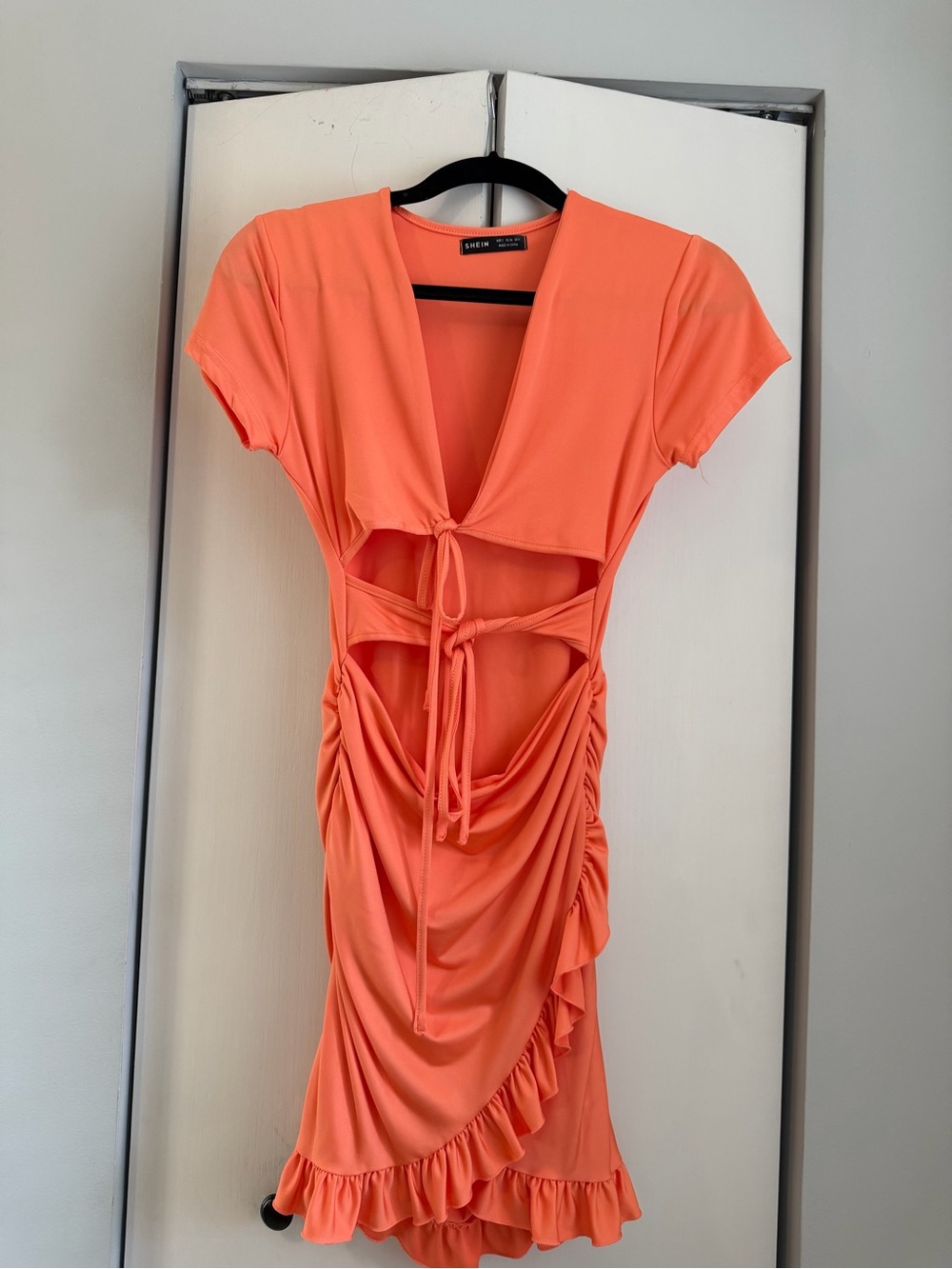 SHEIN Coral Tie-Front Cutout Ruffle Mini Dress